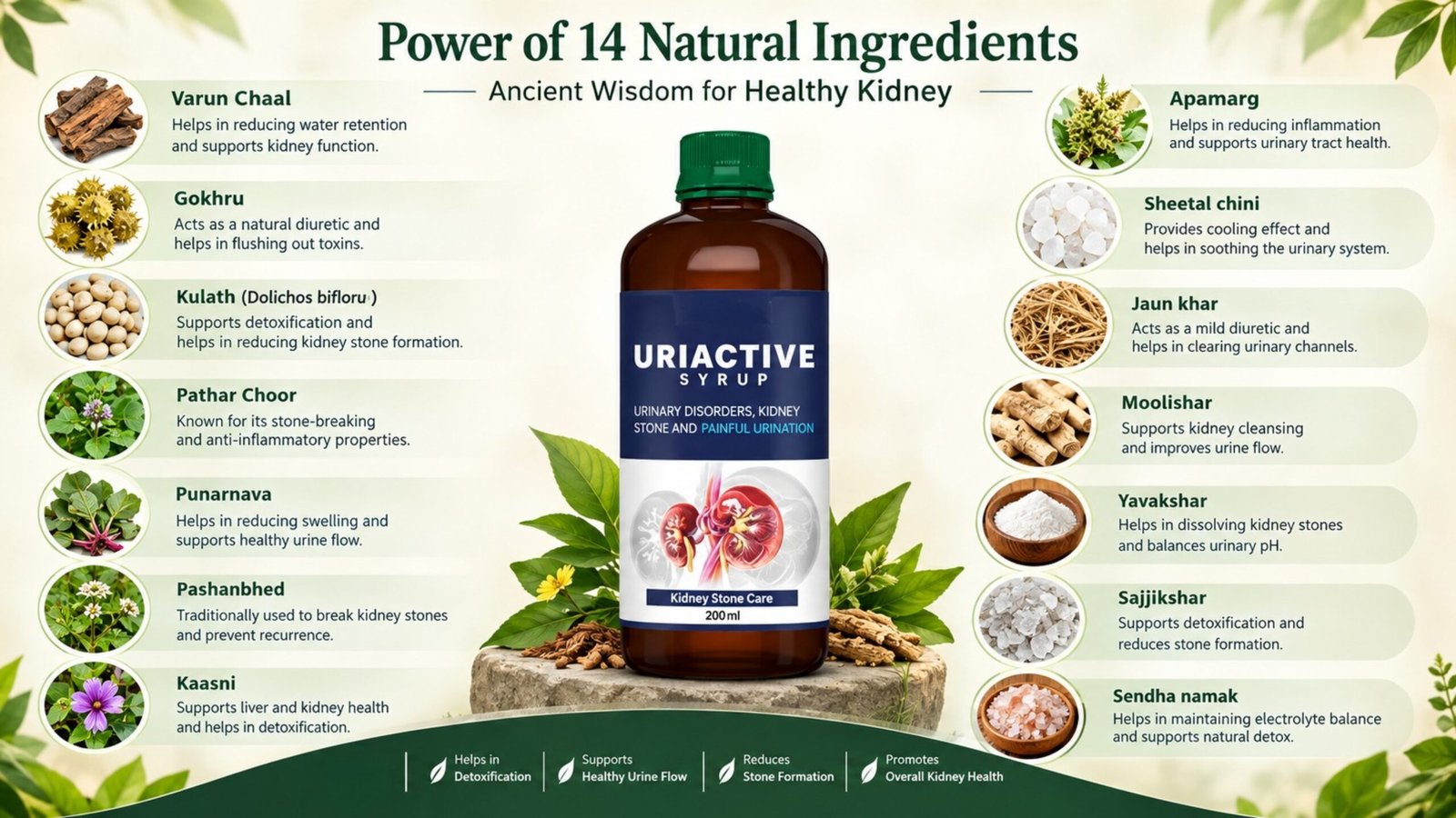 Uriactive Syrup Natural Ingredients, 14 ingredients combination